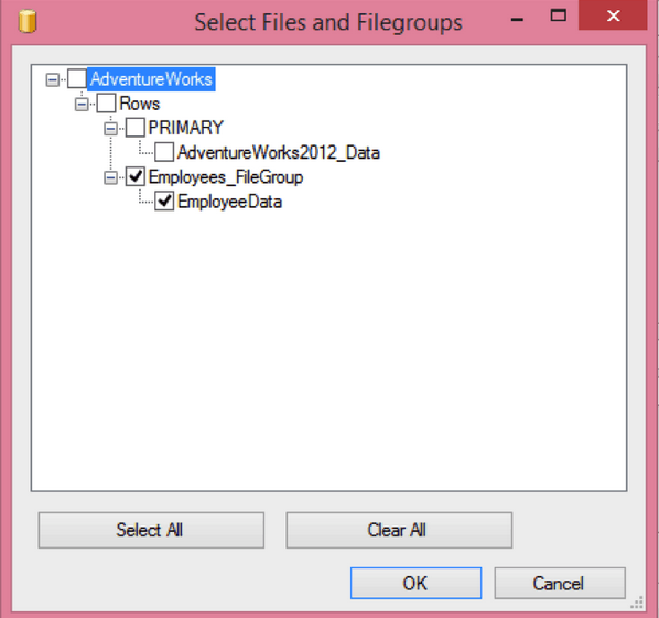 Select Files and Filegroups dialog box