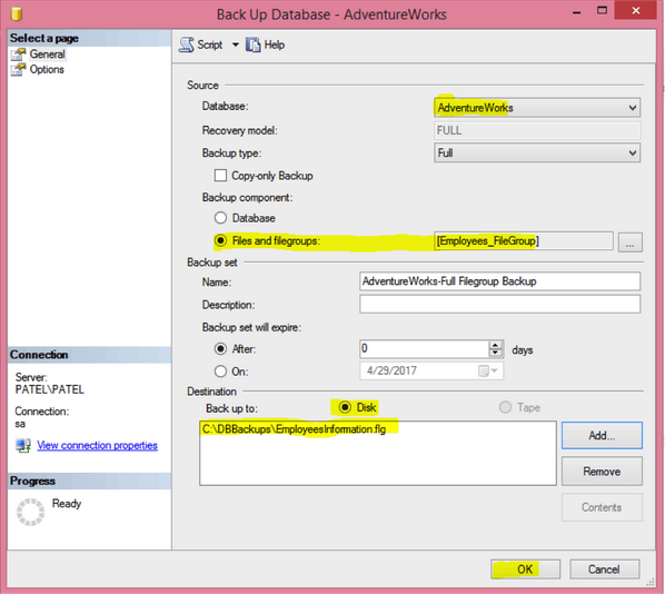 Highlights all options for the backup file