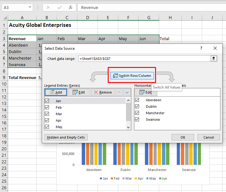 Highlighting the switch/row column button and how to get there