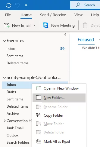 Shows where to find the new folder option in Outlook