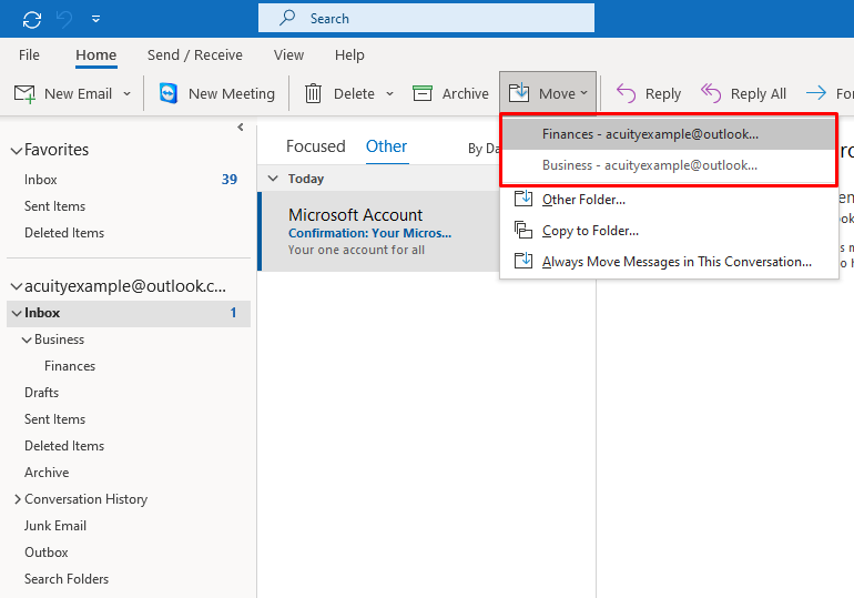 Shows how to move an email into a folder