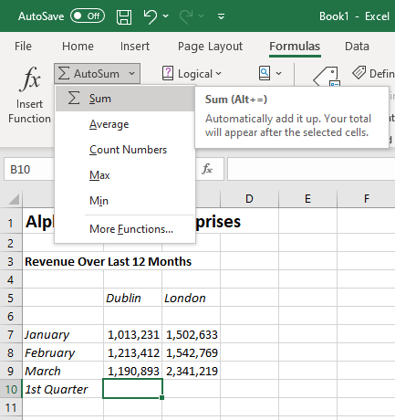 Shows where to find the Sum Auto Sum function button