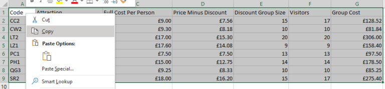 Shows the table to be copied into Excel