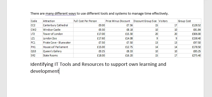 Shows the final document with the excel sheet inserted