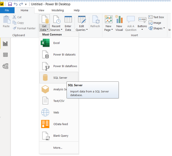 Shows where to find SQL Server in the dropdown from Get Data