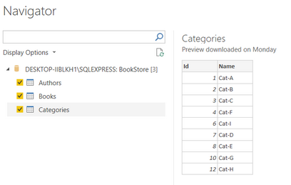 Shows the categories from table names