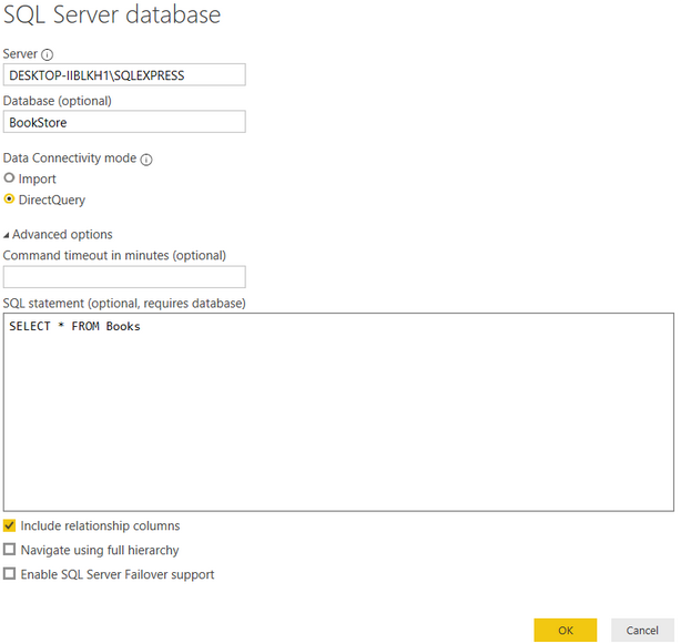 Shows where to put the SQL Statement in the Dialog Box
