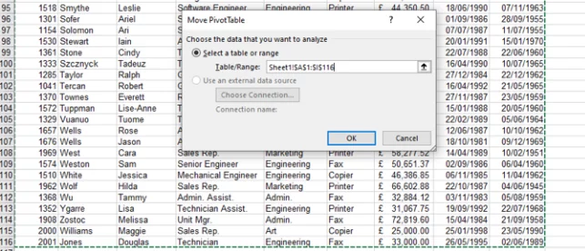 Dialog box to pick data range for table