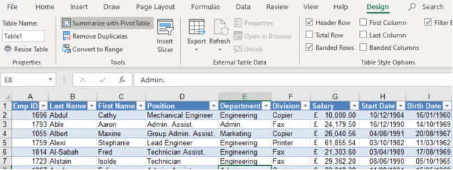 Summarise with PivotTable button in ribbon