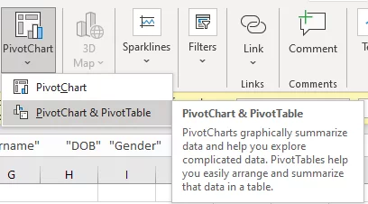 Shows where to find the PivotChart and PivotTable options