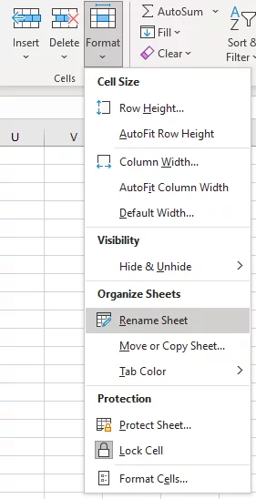 Where to find the Rename Sheet option to click