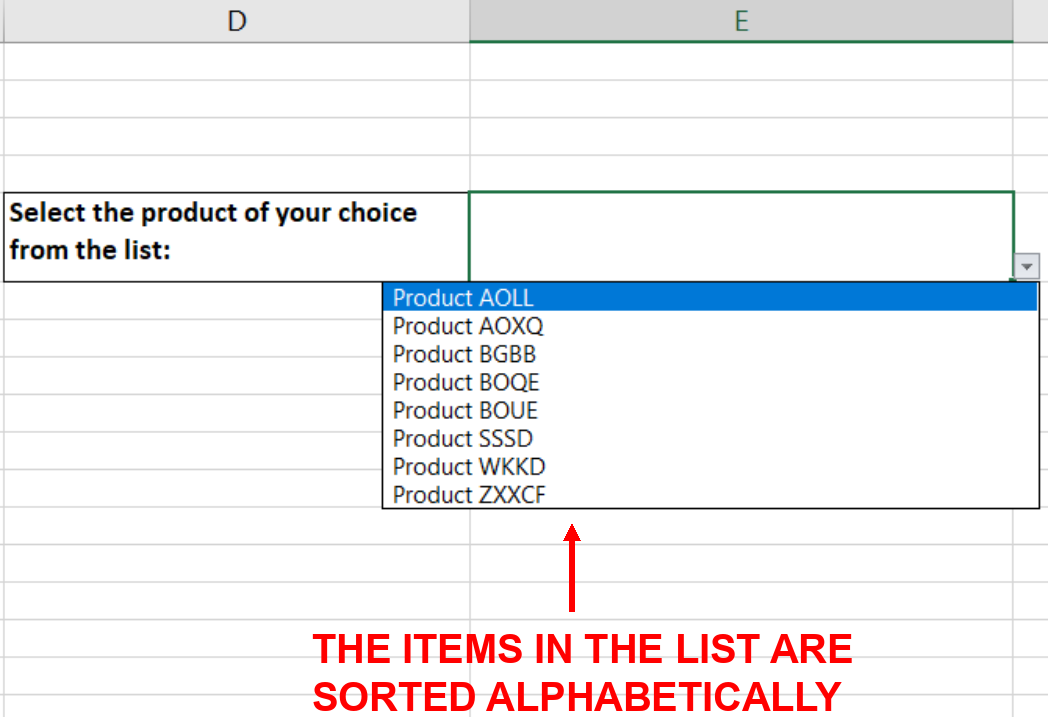Screenshot showing the items in the drop down list sorted alphabetically