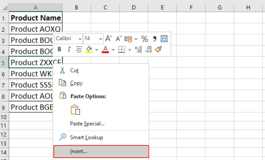 Screenshot showing the Insert...option