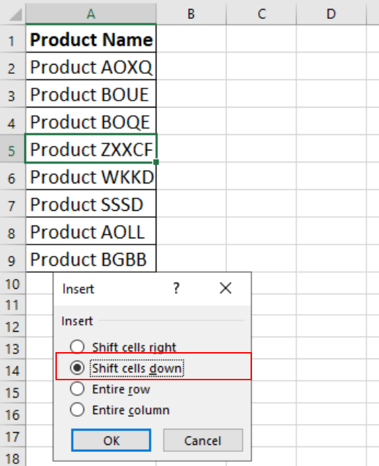 Screenshot showing the Insert Dialog box with Shift cells down checked