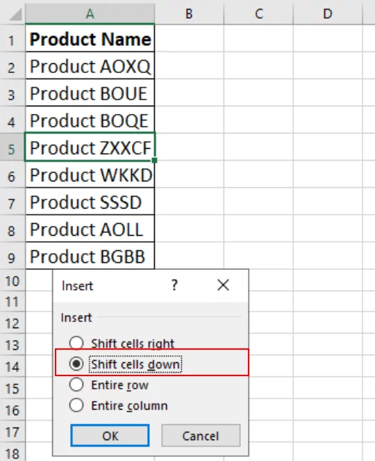 Screenshot showing the Insert Dialog box with Shift cells down checked
