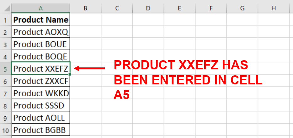 Screenshot showing the new item, Product XXEFZ that has been added to the original source data