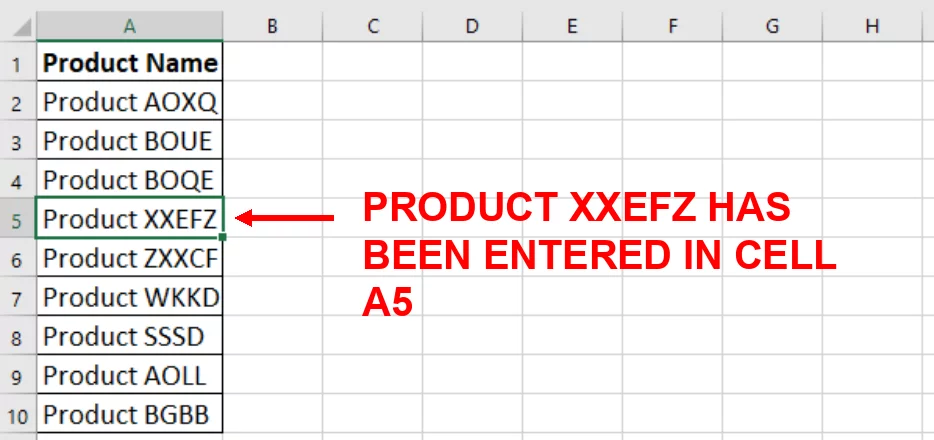 Screenshot showing the new item, Product XXEFZ that has been added to the original source data