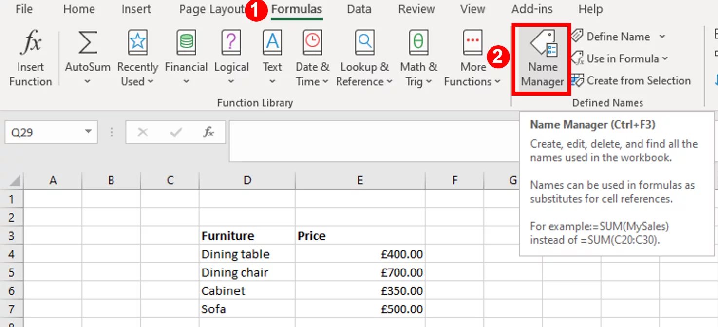 Screenshot showing the Name Manager option in the Defined Names group in the Formulas Tab.