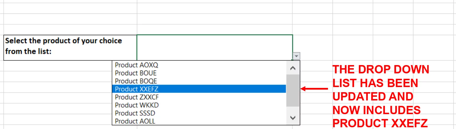 Screenshot showing the drop down box that has been updated with the item added in the source data range