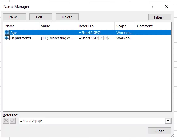 Screenshot showing the Name Managers Dialog Box.