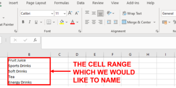 Screenshot showing the cell range B1:B5 highlighted which contains the names of the beverages.
