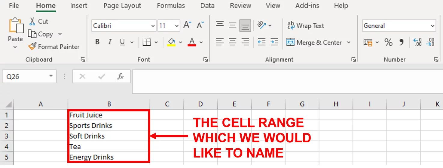 Screenshot showing the cell range B1:B5 highlighted which contains the names of the beverages.