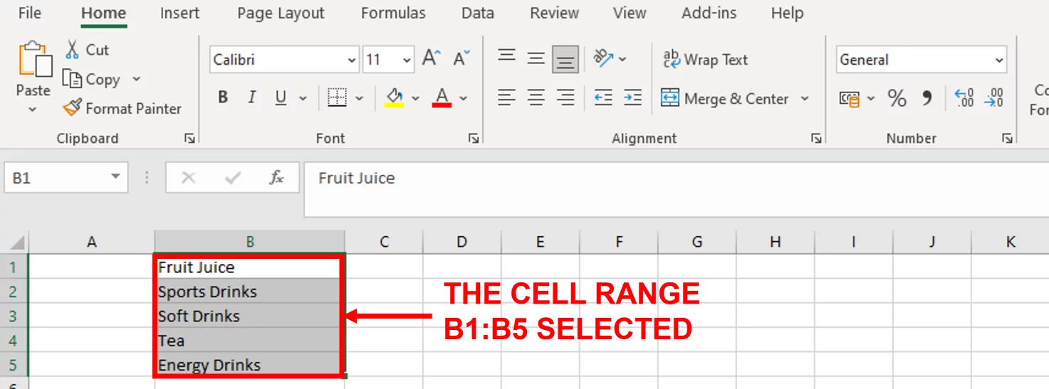 Screenshot showing cell range B1:B5 selected.