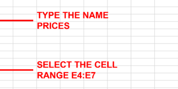 Screenshot showing the New Name Dialog Box with the name Prices entered and the cell range E4:E7 selected.
