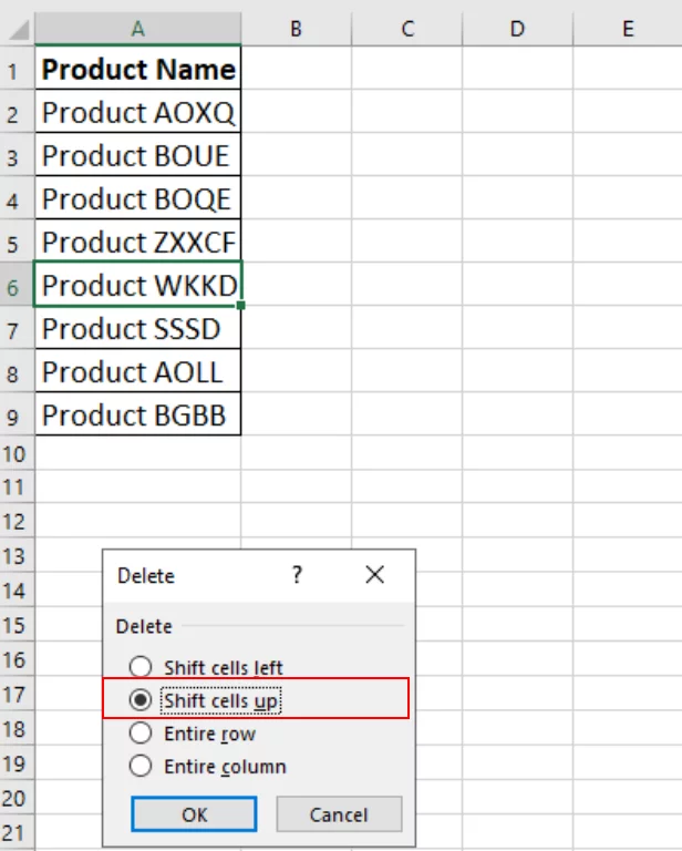 The Delete Dialog Box with the Shift cells up option checked