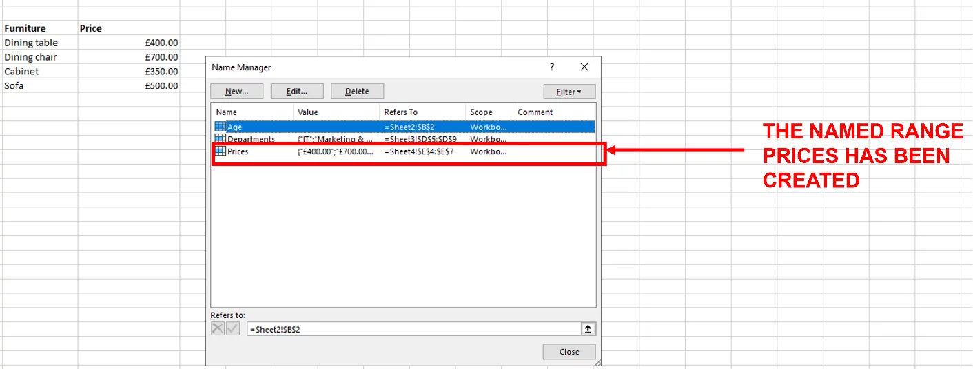 Screenshot showing the Named Range Prices in the Name Manager.