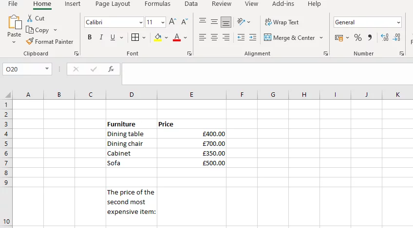 Screenshot showing Prices range and cell E10.