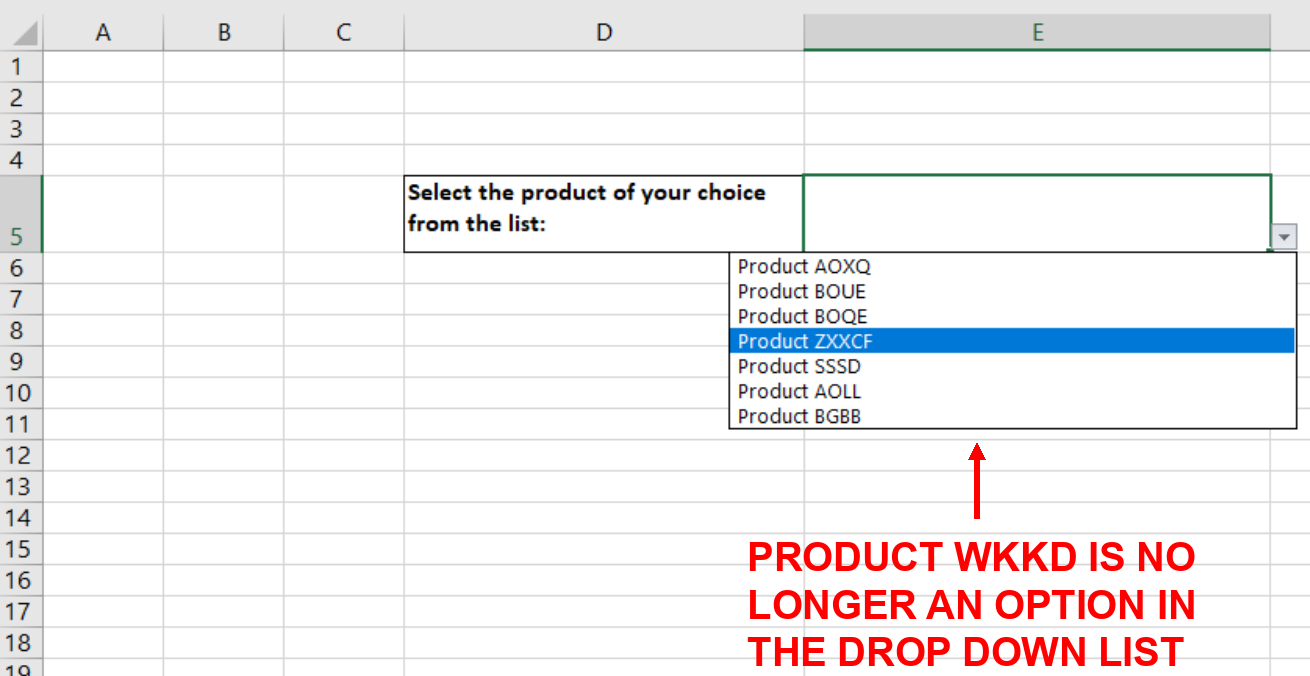 Screenshot showing the drop down list that no longer has the item that was deleted in the original data source