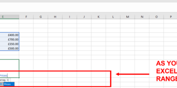 Screenshot showing Excel displaying the Named Range Prices as the LARGE formula is being typed.