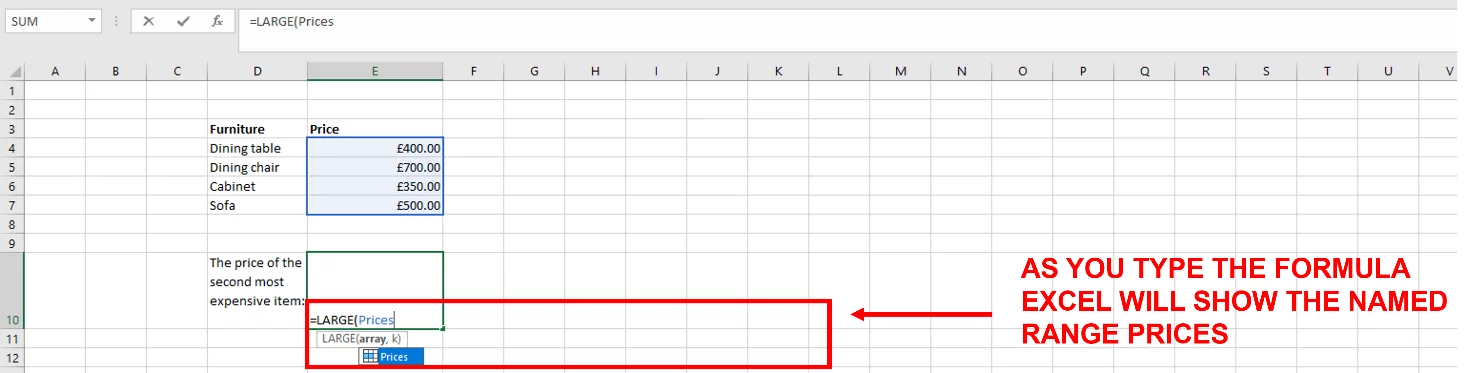 Screenshot showing Excel displaying the Named Range Prices as the LARGE formula is being typed.