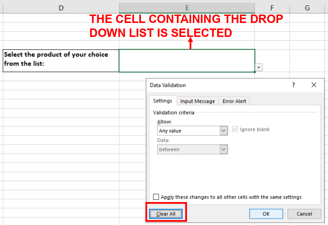 Screenshot showing the Data Validation Dialog Box and the Clear All button highlighted