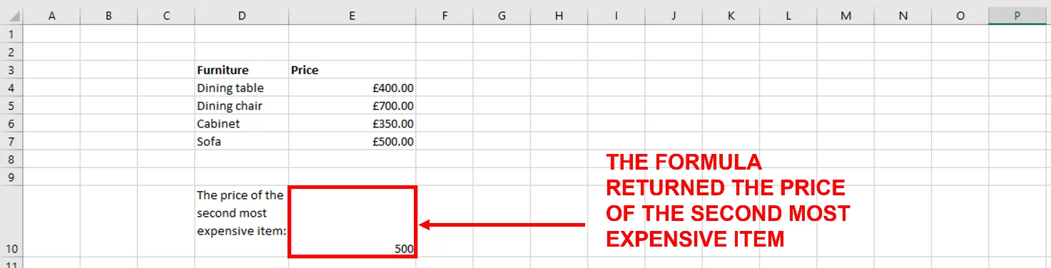 Screenshot showing the formula which contains the Named Range Prices returning the second most expensive item.