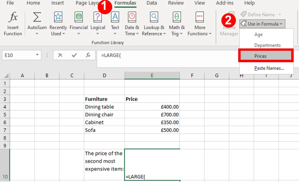 Screenshot showing the Use in Formula option in the Defined Names group in the Formulas Tab.