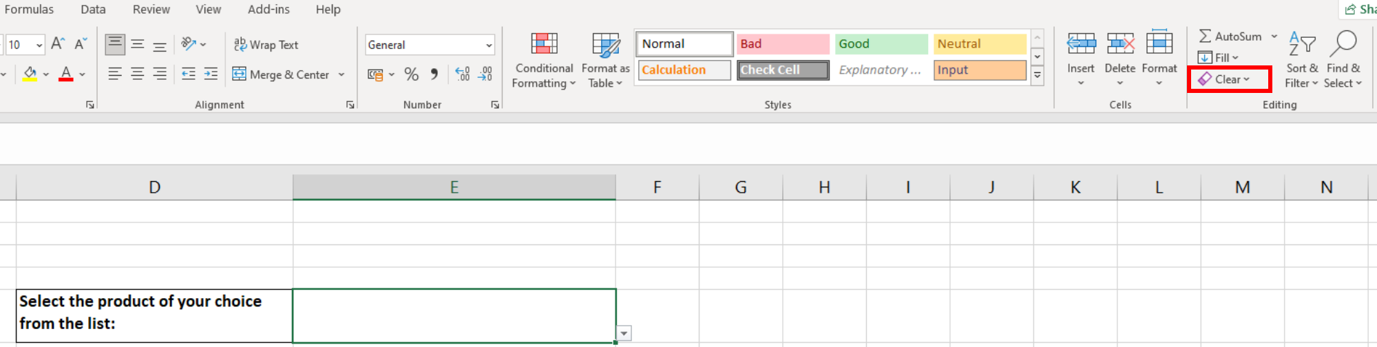 Screenshot showing the Clear option in the Editing group on the Home Tab