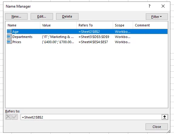 Screenshot showing the Name Manager Dialog Box and all the named ranges that have been created.