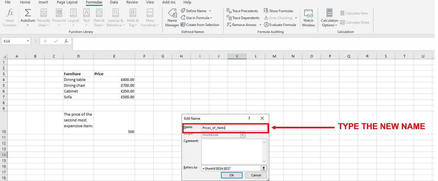 Screenshot showing the Edit Name Dialog Box with the new name entered.