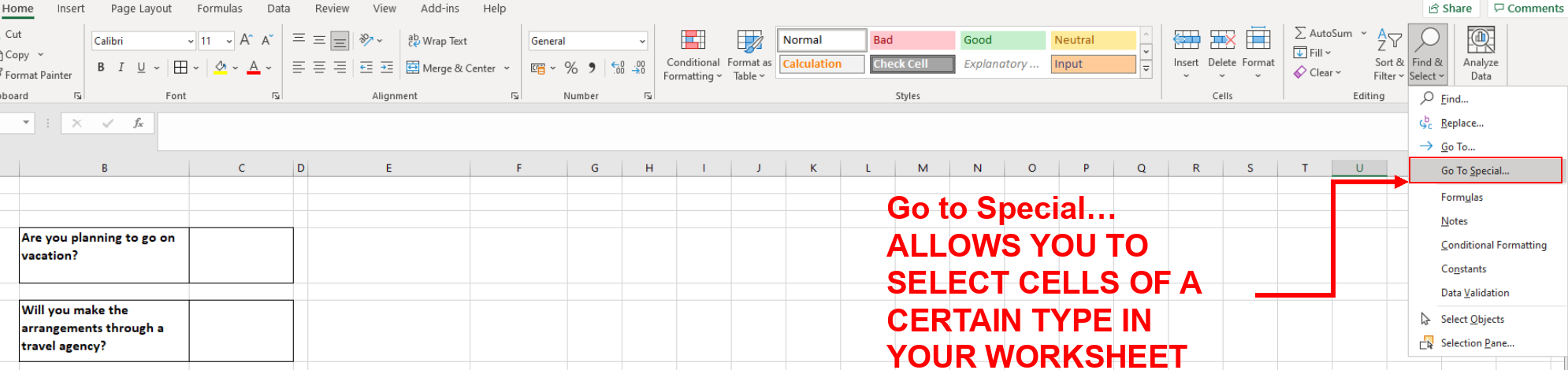 Screenshot showing the Go to Special option... and how to access it from the Home Tab