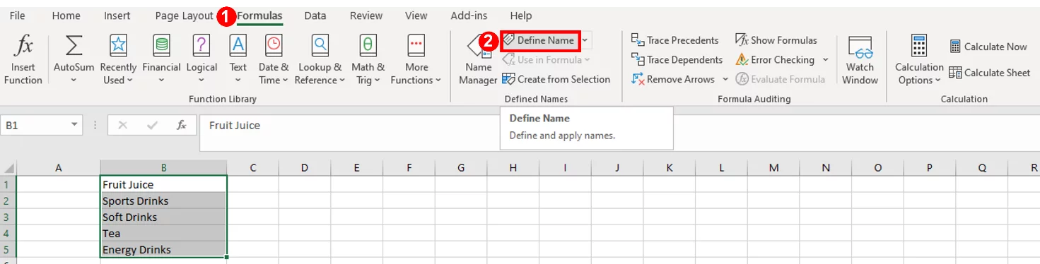 Screenshot showing the Define Name option in the Defined Names group on the Formulas Tab.