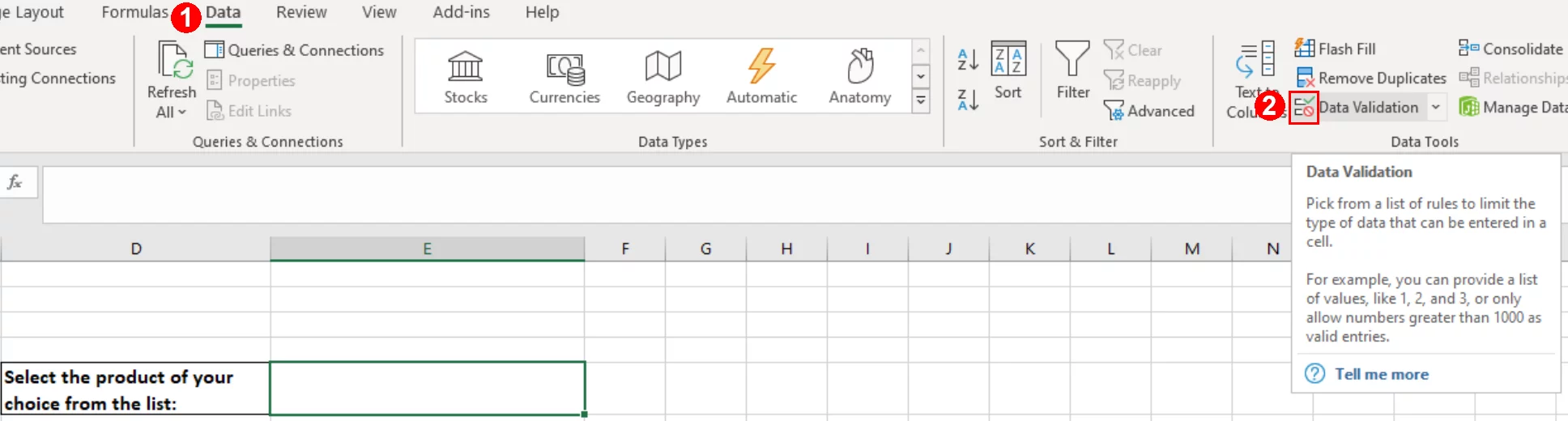 Screenshot showing the Data Validation option in the Data Tools group on the Data tab