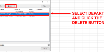 Screenshot showing Name Manager with Departments selected and the Delete button highlighted.