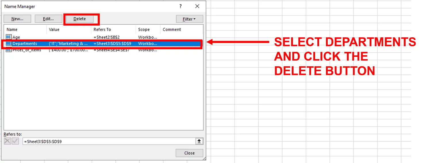 Screenshot showing Name Manager with Departments selected and the Delete button highlighted.