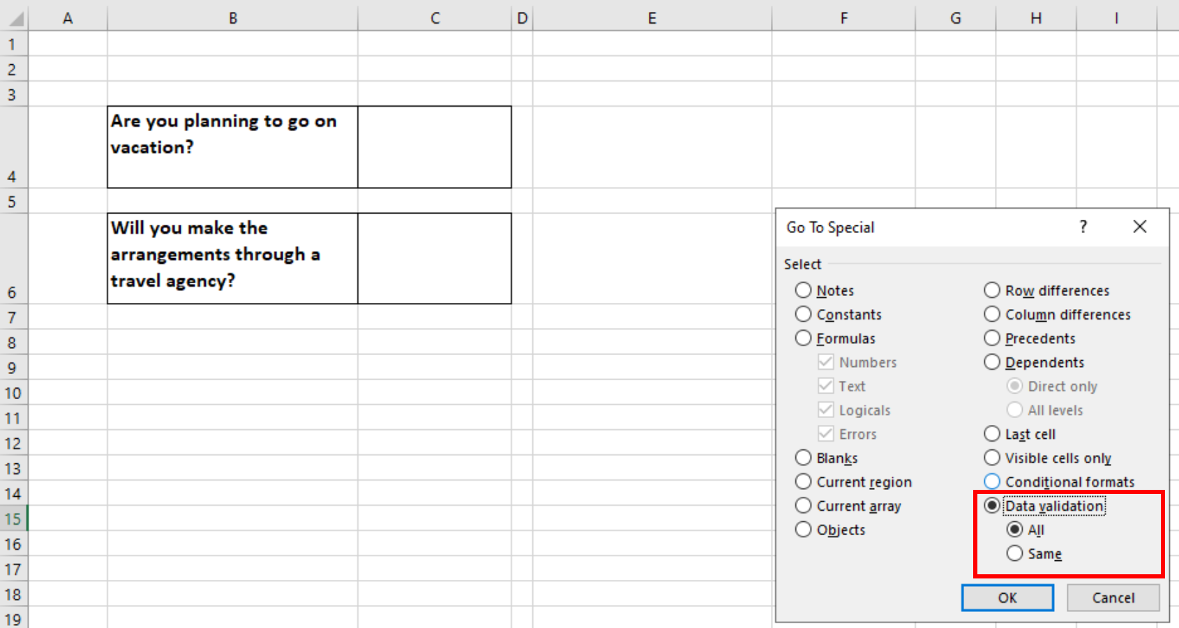 Screenshot showing the Go To Special Dialog Box with the Data Validation option selected and All chosen