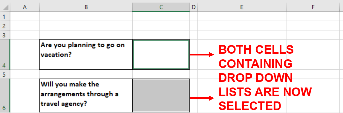 Screenshot showing both cell C4 and cell C6 which contains the drop down lists selected