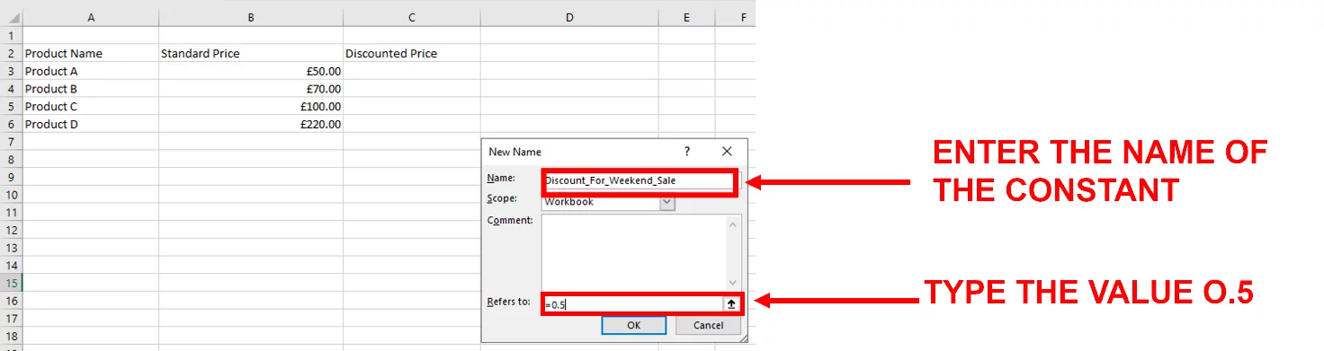 Screenshot showing how to name a constant using the New Name Dialog Box.