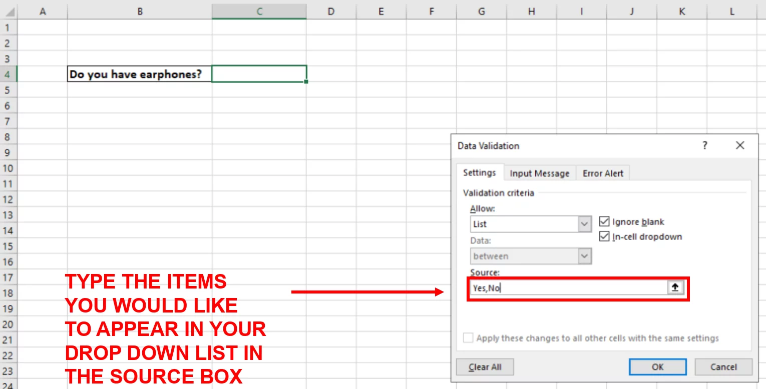 Screenshot showing the values being typed into the Source box in the Settings tab of the Data Validation Dialog Box