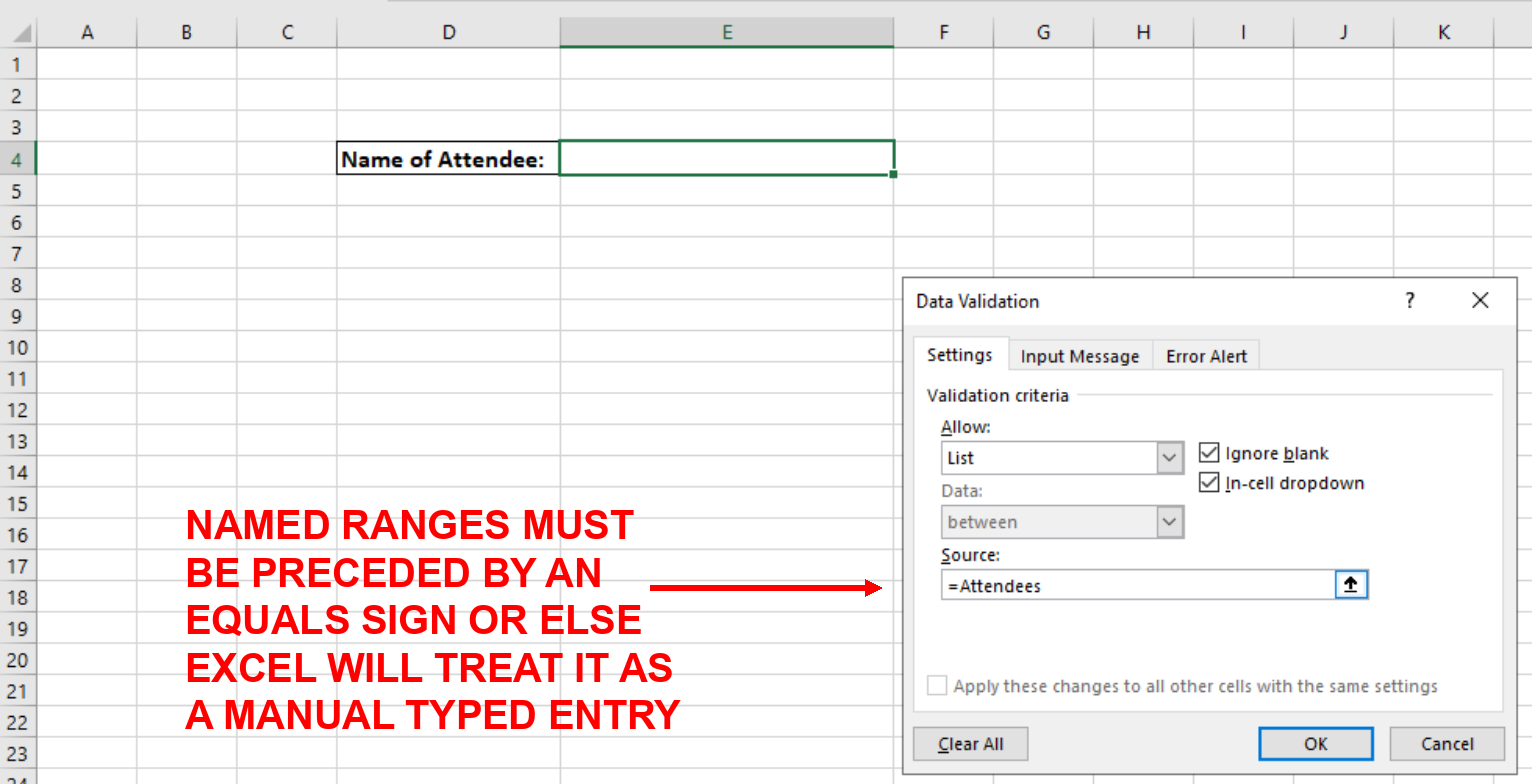 Screenshot showing the named range Attendees being entered into the Source box preceded by an equals sign